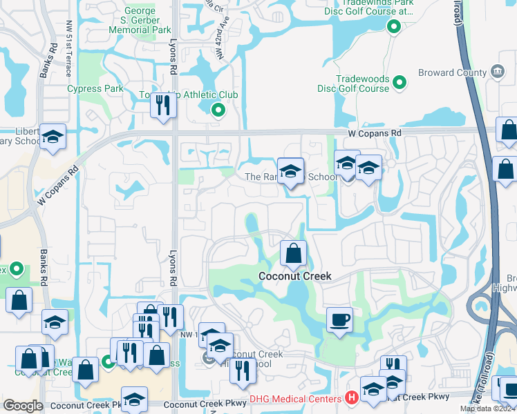 map of restaurants, bars, coffee shops, grocery stores, and more near 4083 Northwest 22nd Street in Coconut Creek