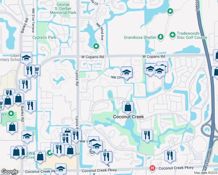 map of restaurants, bars, coffee shops, grocery stores, and more near 4228 Northwest 22nd Street in Coconut Creek