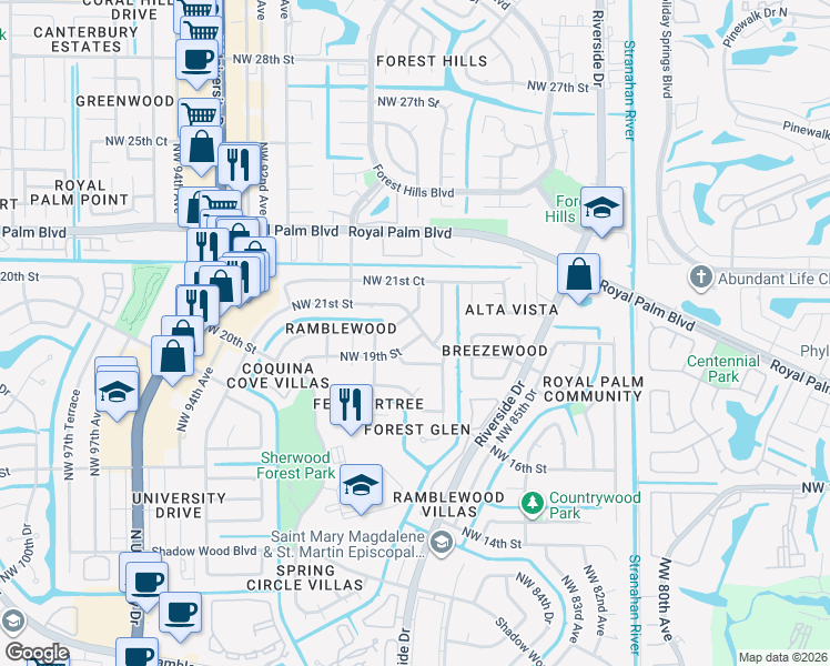 map of restaurants, bars, coffee shops, grocery stores, and more near 2073 Northwest 87th Terrace in Coral Springs