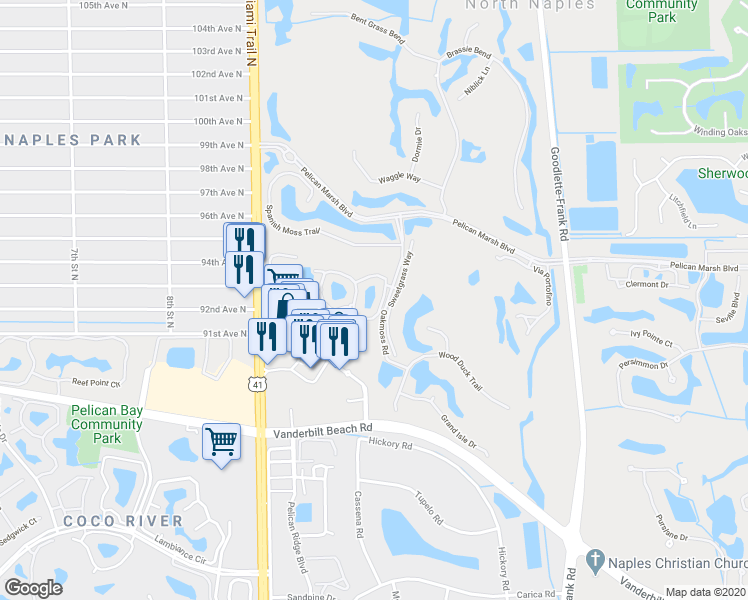 map of restaurants, bars, coffee shops, grocery stores, and more near 1054 Egrets Walk Circle in Naples