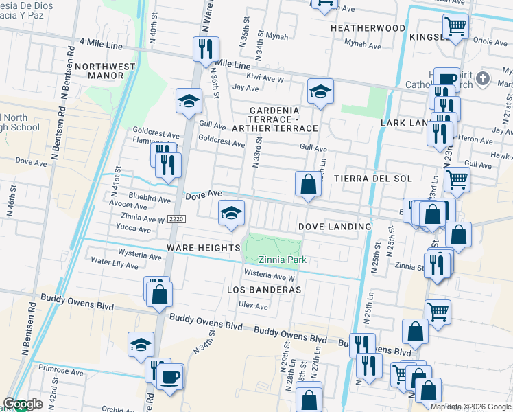 map of restaurants, bars, coffee shops, grocery stores, and more near 5512 North 32nd Street in McAllen