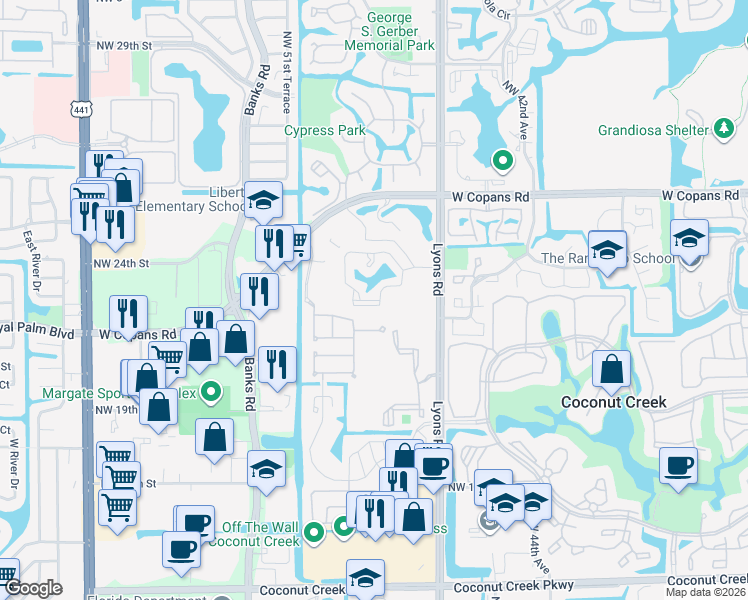 map of restaurants, bars, coffee shops, grocery stores, and more near 108 Northwest 22nd Street in Coconut Creek