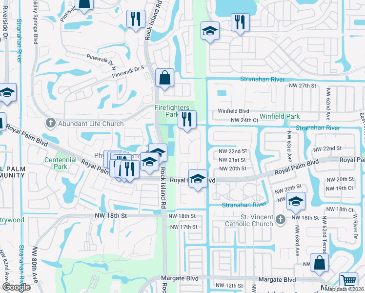 map of restaurants, bars, coffee shops, grocery stores, and more near 2180 Northwest 70th Lane in Margate