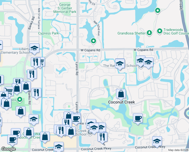 map of restaurants, bars, coffee shops, grocery stores, and more near 4429 Northwest 22nd Road in Coconut Creek