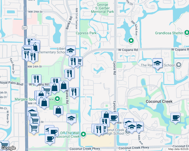 map of restaurants, bars, coffee shops, grocery stores, and more near 164 Northwest 22nd Street in Coconut Creek