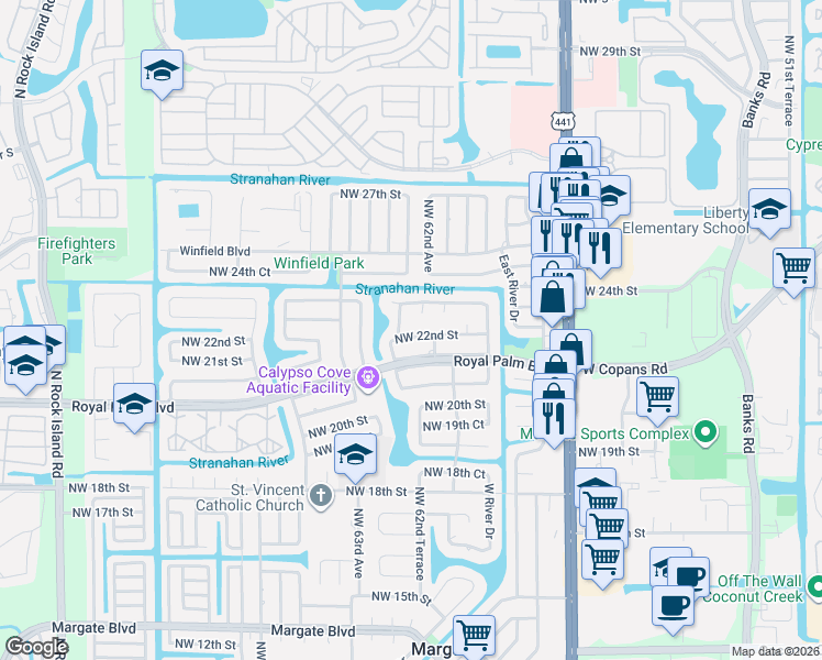 map of restaurants, bars, coffee shops, grocery stores, and more near 2210 Northwest 62nd Terrace in Margate