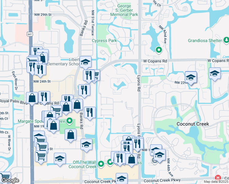 map of restaurants, bars, coffee shops, grocery stores, and more near 164 Northwest 22nd Street in Coconut Creek