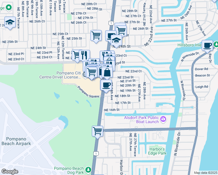 map of restaurants, bars, coffee shops, grocery stores, and more near 1955 North Federal Highway in Pompano Beach