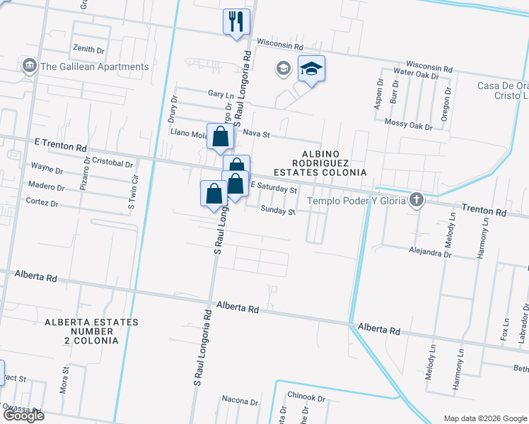 map of restaurants, bars, coffee shops, grocery stores, and more near 2702 Sunday Street in Edinburg