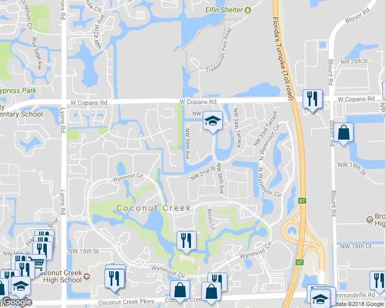 map of restaurants, bars, coffee shops, grocery stores, and more near 2214 Northwest 39th Avenue in Coconut Creek