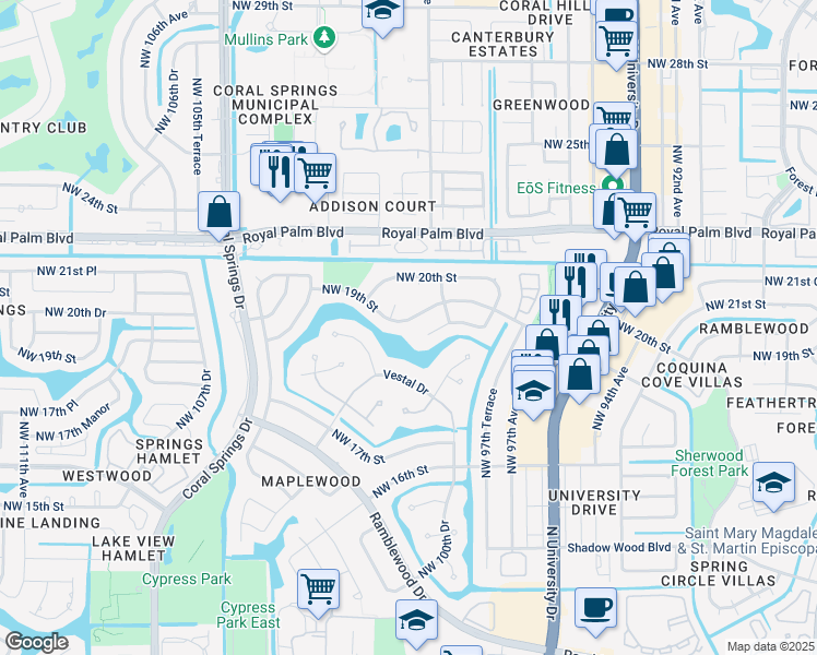 map of restaurants, bars, coffee shops, grocery stores, and more near 9978 Northwest 19th Street in Coral Springs