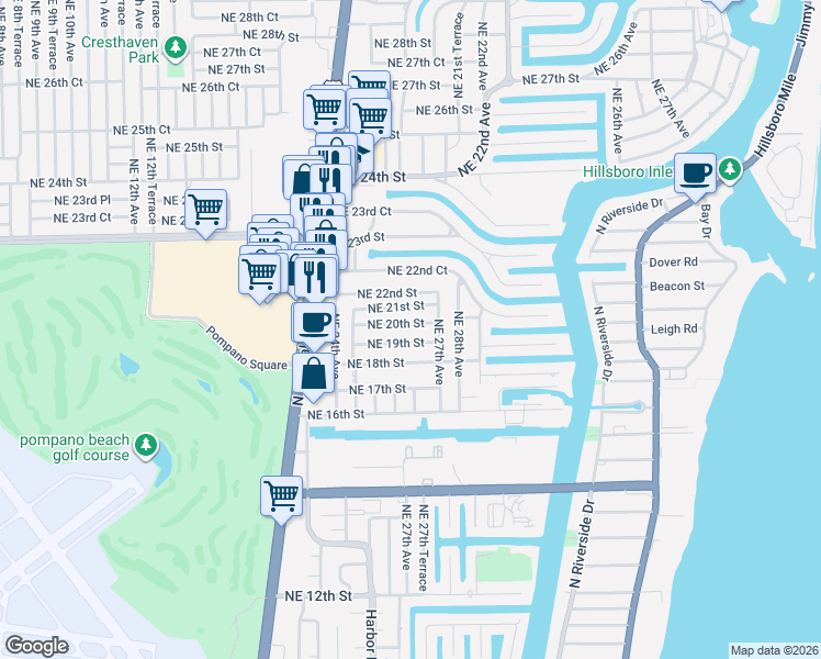 map of restaurants, bars, coffee shops, grocery stores, and more near 2680 Northeast 20th Street in Pompano Beach
