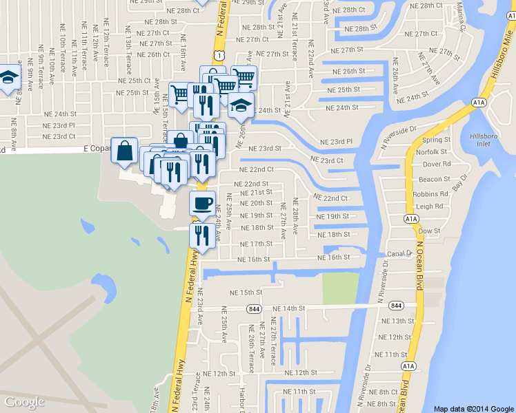map of restaurants, bars, coffee shops, grocery stores, and more near 2611 Northeast 20th Street in Pompano Beach