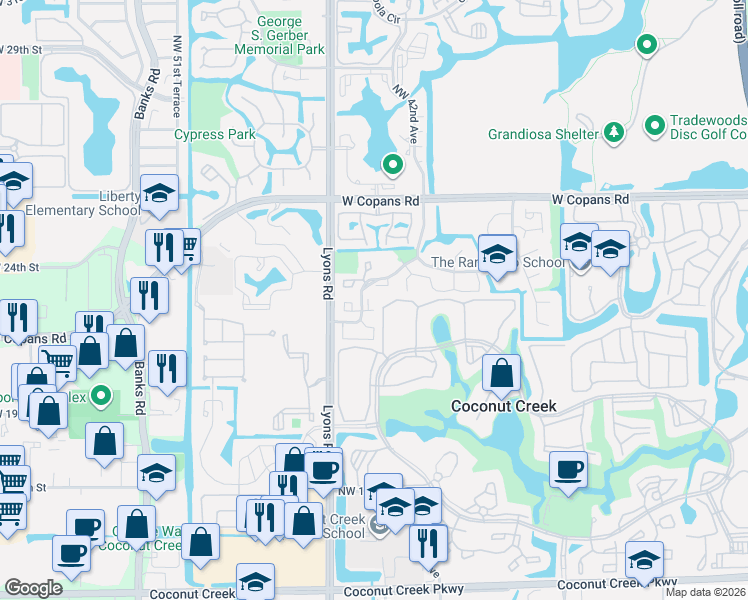map of restaurants, bars, coffee shops, grocery stores, and more near 4429 Northwest 22nd Road in Coconut Creek