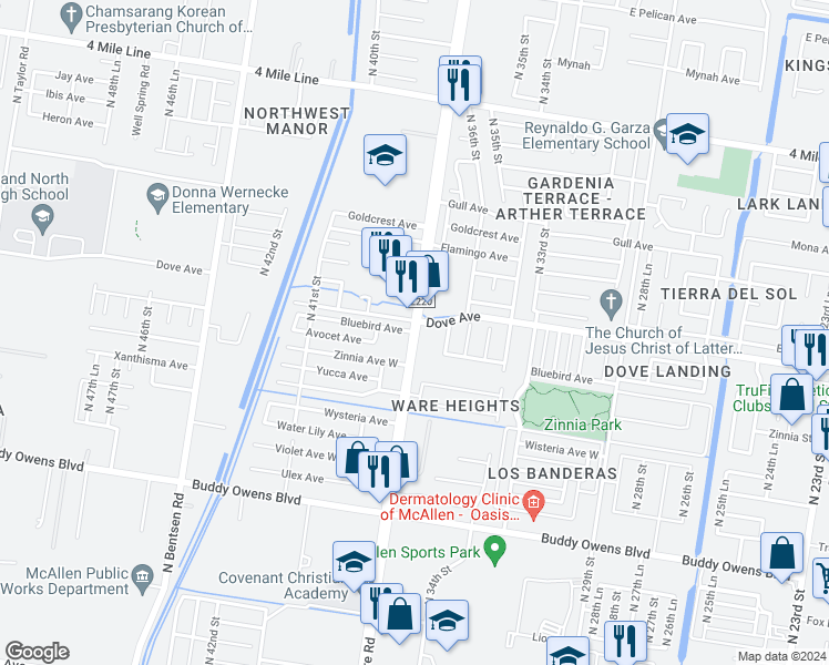 map of restaurants, bars, coffee shops, grocery stores, and more near 5511 North Ware Road in McAllen