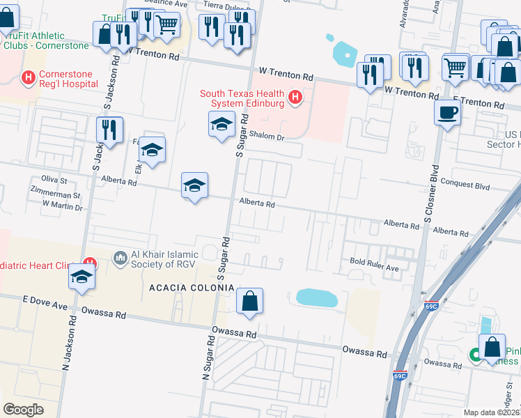 map of restaurants, bars, coffee shops, grocery stores, and more near 5008 August Court in Edinburg