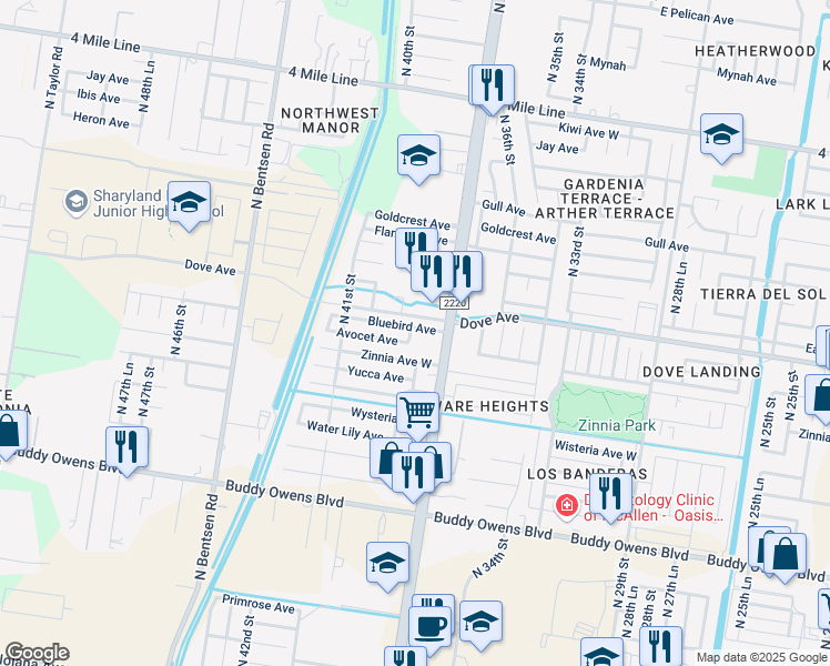 map of restaurants, bars, coffee shops, grocery stores, and more near 3722 Bluebird Avenue in McAllen