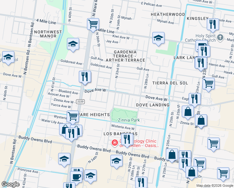 map of restaurants, bars, coffee shops, grocery stores, and more near 5512 North 32nd Street in McAllen