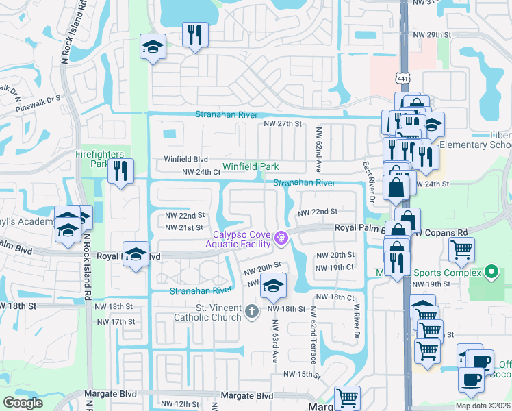 map of restaurants, bars, coffee shops, grocery stores, and more near 6330 NW 22nd Ct in Margate