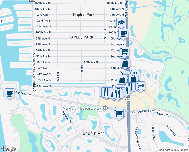 map of restaurants, bars, coffee shops, grocery stores, and more near 754 93rd Avenue North in Naples