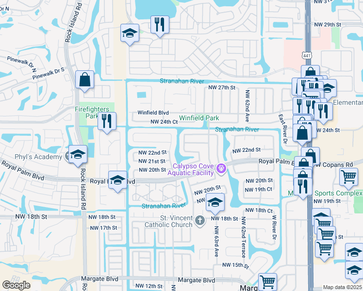 map of restaurants, bars, coffee shops, grocery stores, and more near 6480 Northwest 22nd Court in Margate