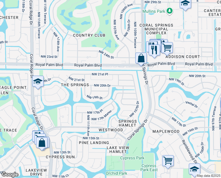 map of restaurants, bars, coffee shops, grocery stores, and more near 2051 Northwest 108th Lane in Coral Springs