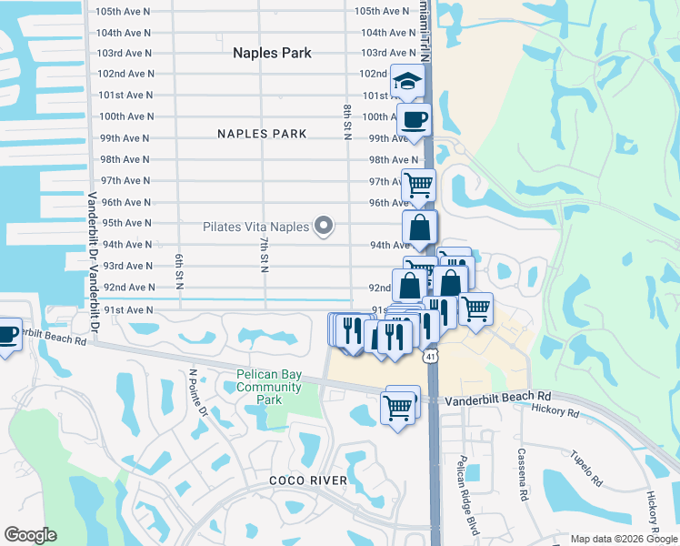 map of restaurants, bars, coffee shops, grocery stores, and more near 790 93rd Avenue North in Naples
