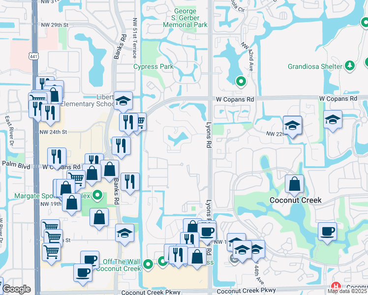 map of restaurants, bars, coffee shops, grocery stores, and more near 108 Northwest 22nd Street in Coconut Creek