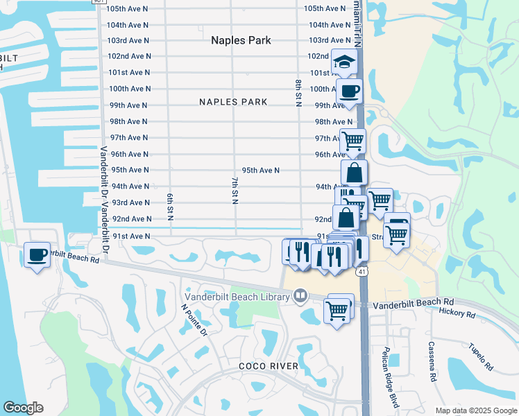 map of restaurants, bars, coffee shops, grocery stores, and more near 754 93rd Avenue North in Naples