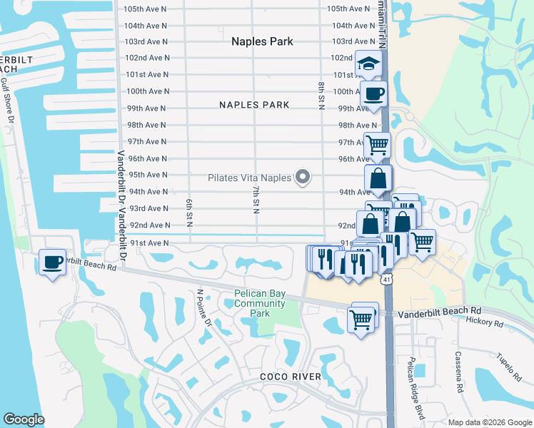 map of restaurants, bars, coffee shops, grocery stores, and more near 714 93rd Avenue North in Naples