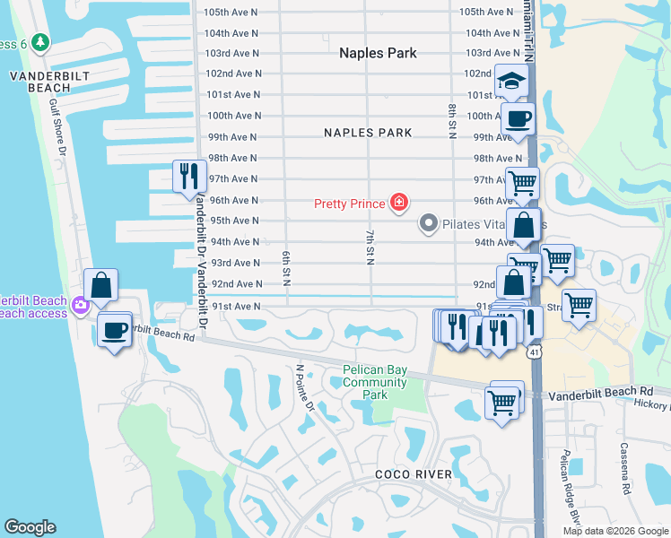 map of restaurants, bars, coffee shops, grocery stores, and more near 642 93rd Avenue North in Naples