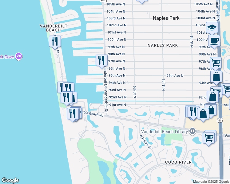 map of restaurants, bars, coffee shops, grocery stores, and more near 524 93rd Avenue North in Naples