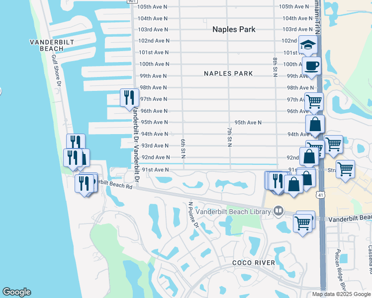 map of restaurants, bars, coffee shops, grocery stores, and more near 606 93rd Avenue North in Naples
