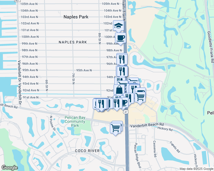 map of restaurants, bars, coffee shops, grocery stores, and more near 818 93rd Avenue North in Naples