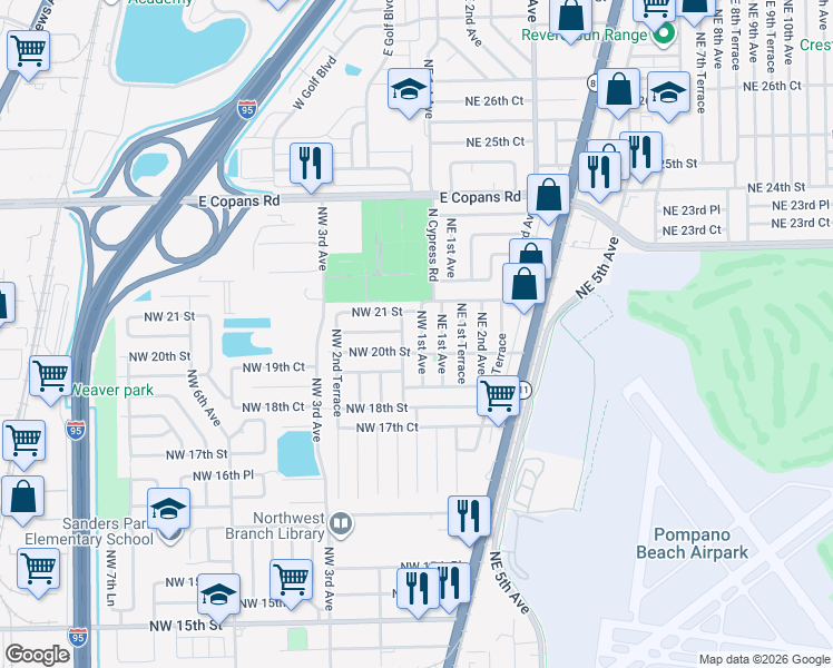 map of restaurants, bars, coffee shops, grocery stores, and more near 2030 Northwest 1st Terrace in Pompano Beach