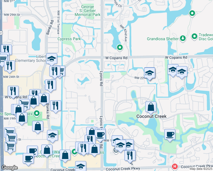 map of restaurants, bars, coffee shops, grocery stores, and more near 2047 Northwest 45th Avenue in Coconut Creek