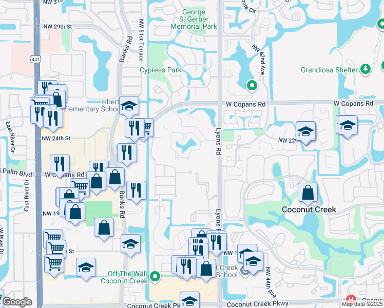 map of restaurants, bars, coffee shops, grocery stores, and more near 108 Northwest 22nd Street in Coconut Creek