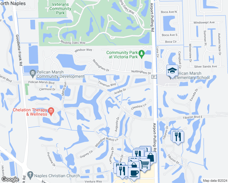 map of restaurants, bars, coffee shops, grocery stores, and more near 2110 Arielle Drive in Naples