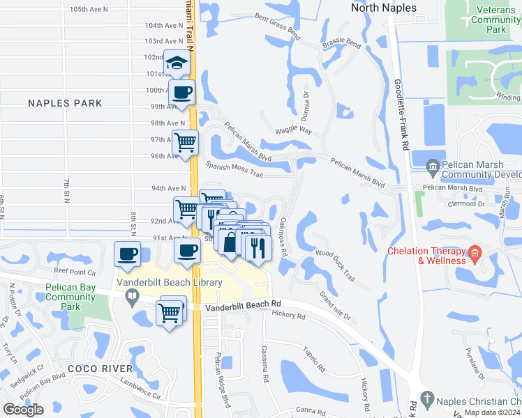 map of restaurants, bars, coffee shops, grocery stores, and more near 1054 Egrets Walk Circle in Naples