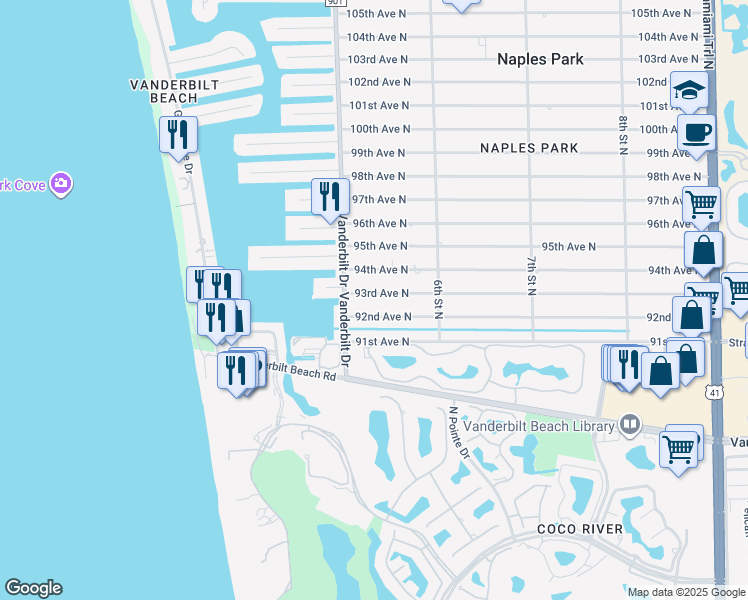 map of restaurants, bars, coffee shops, grocery stores, and more near 528 93rd Avenue North in Naples