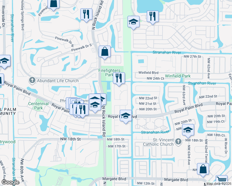 map of restaurants, bars, coffee shops, grocery stores, and more near 2200 Northwest 70th Lane in Margate