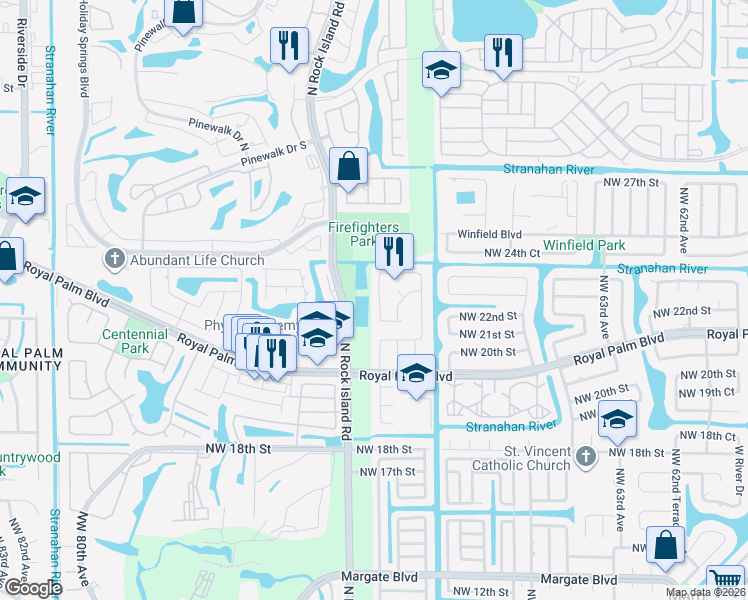 map of restaurants, bars, coffee shops, grocery stores, and more near 2200 Northwest 70th Lane in Margate