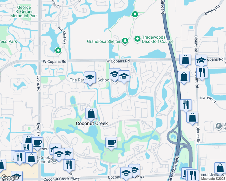 map of restaurants, bars, coffee shops, grocery stores, and more near 3923 Northwest 21st Street in Coconut Creek