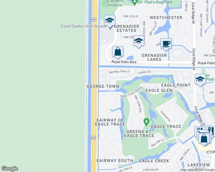 map of restaurants, bars, coffee shops, grocery stores, and more near 1975 Northwest 127th Terrace in Coral Springs