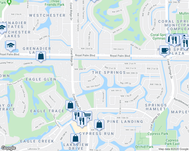 map of restaurants, bars, coffee shops, grocery stores, and more near 11355 Northwest 19th Drive in Coral Springs