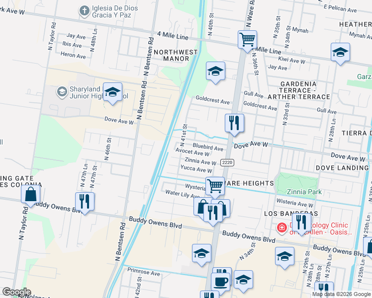 map of restaurants, bars, coffee shops, grocery stores, and more near 4100 Avocet Avenue in McAllen