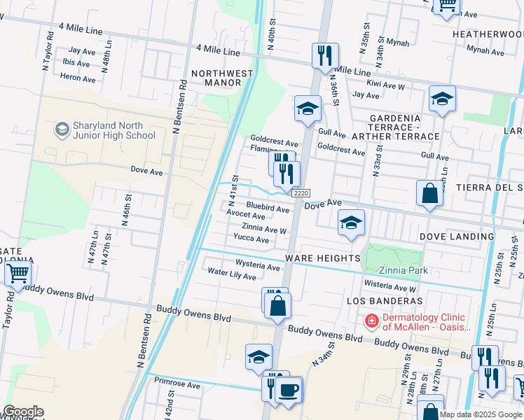 map of restaurants, bars, coffee shops, grocery stores, and more near 3909 Bluebird Avenue in McAllen