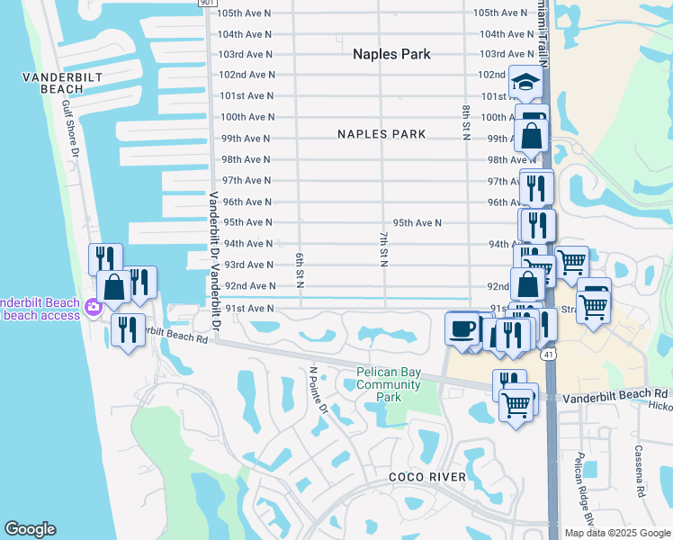 map of restaurants, bars, coffee shops, grocery stores, and more near 642 93rd Avenue North in Naples