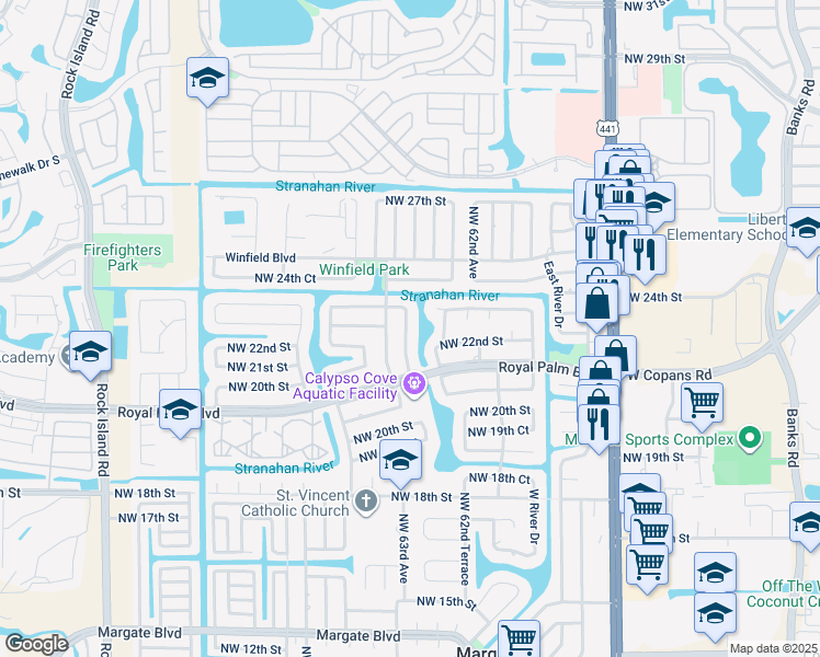 map of restaurants, bars, coffee shops, grocery stores, and more near 2230 Northwest 62nd Avenue in Margate