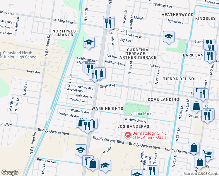 map of restaurants, bars, coffee shops, grocery stores, and more near 5509 North 36th Street in McAllen